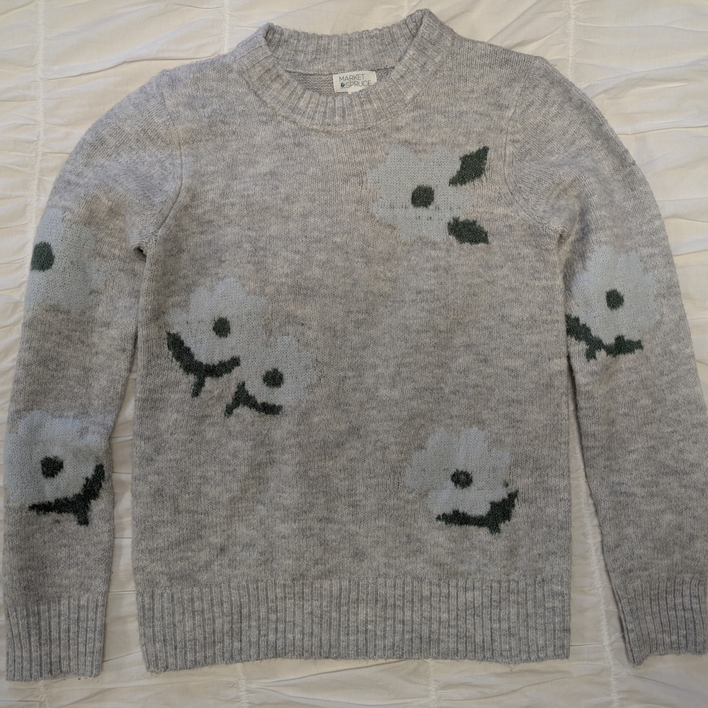 Market & Spruce Gray Floral Crew Neck Sweater Size XS